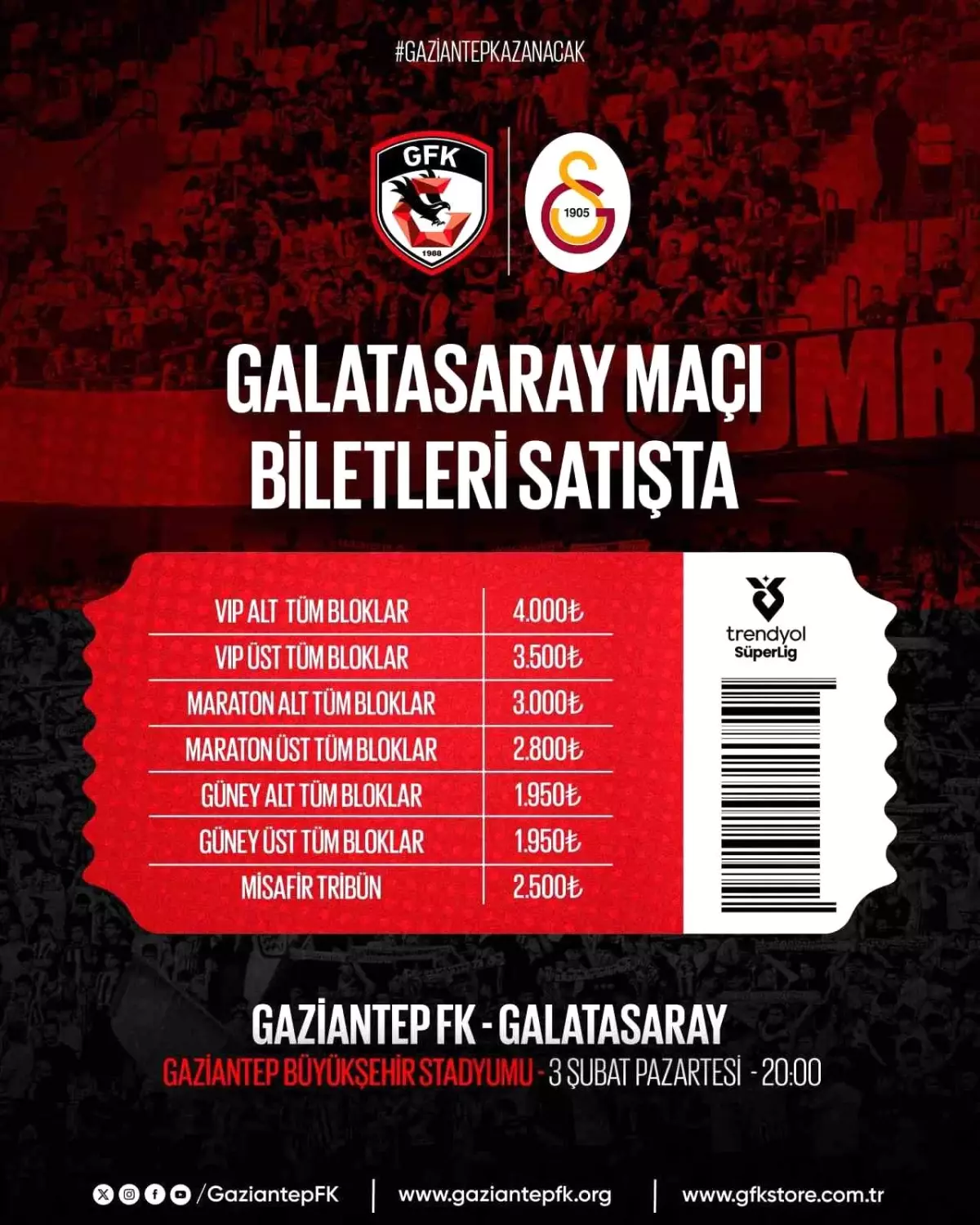 Gaziantep-Galatasaray Maçı Biletleri Satışta